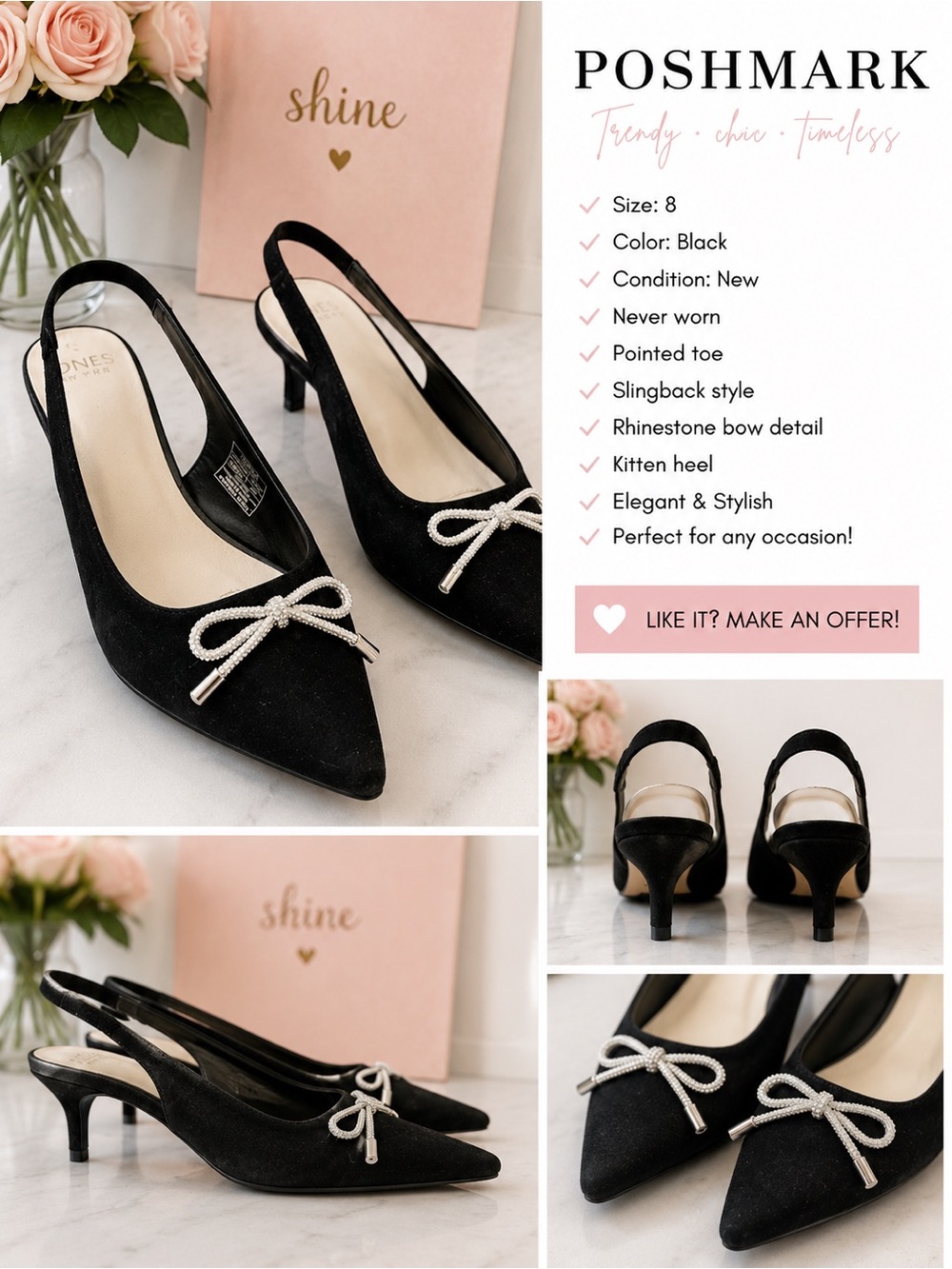 Jones New York Black Slingback Kitten Heels with Rhinestone Bow